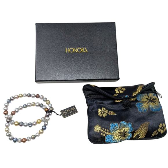 Honora Multicolor Freshwater Pearl Stretch Bracelets Set w/ Box & Silk Pouch - Picture 2 of 2